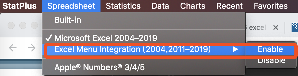 Excel menu integration: Statplus mac